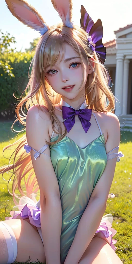 masterpiece, best quality, extremely detailed CG unity 8k wallpaper,((Upper Body)) ,((Upper Body head close-up shot of a beautiful )), , Elegant Long straight blonde hair, (Mckenna Grace), ((flat chest,thighs,Autoluminescence skin)), (purple-green) golden (Glittering tutu,long Bunny Ear Headgear, , Bow-tie, No panties, genitals visible), ((spread legs)),(), (Blush), , (seductive smile), (outdoors), pretty face, key art, award winning, intricate detail realism hdr, by (ruan jia and artgerm and range murata), Photorealism, Hyperrealism, ultra realistic, dramatic light, intense shadows, gorgeous view, depth of field