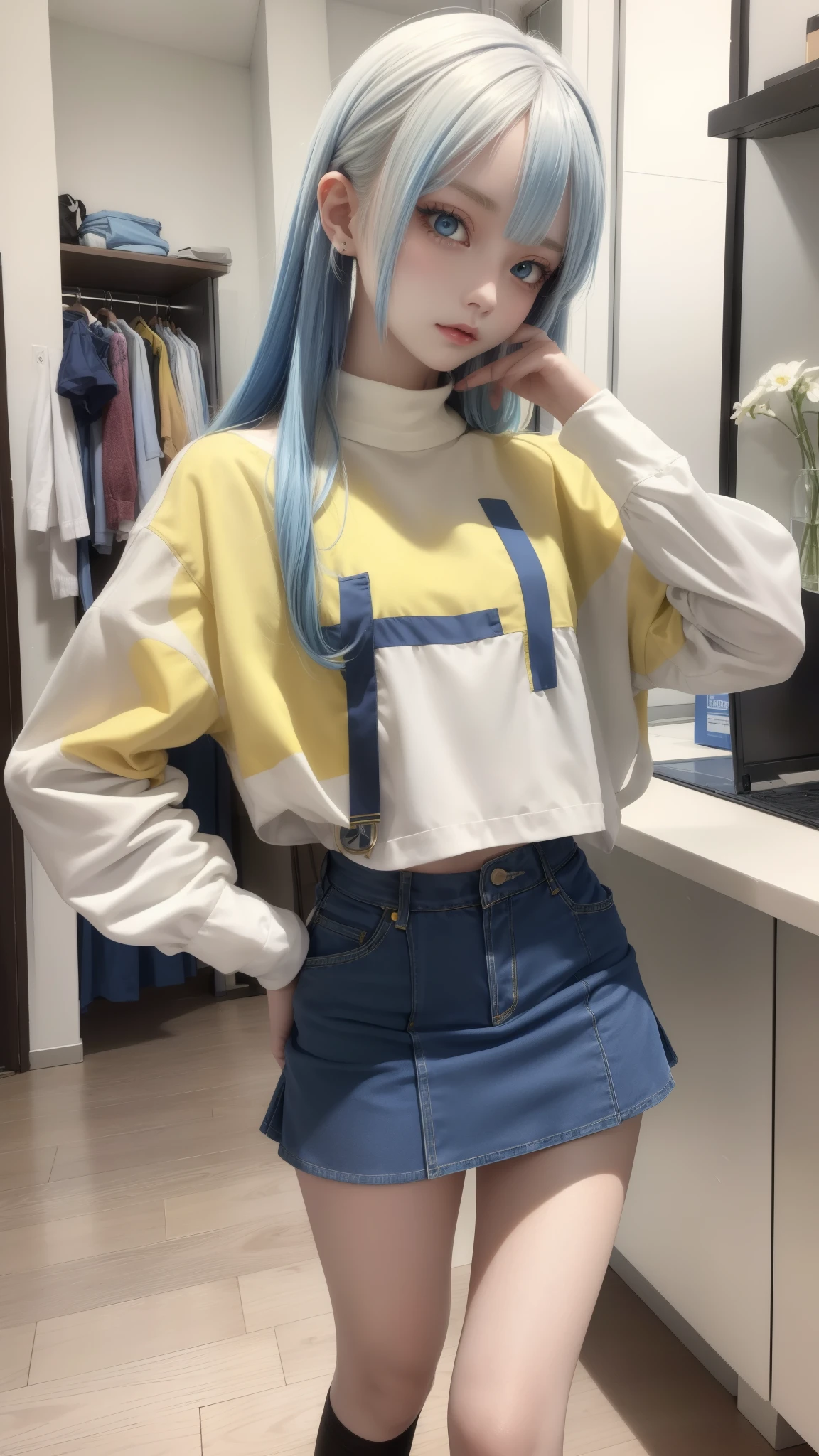 masterpiece, best quality, highly detailed,1girl,indoors, adult, split-color hair, yellow and Blue hair, Narrow, sharp eyes、, clothes, blue eyes、From head to toe、mini skirt、