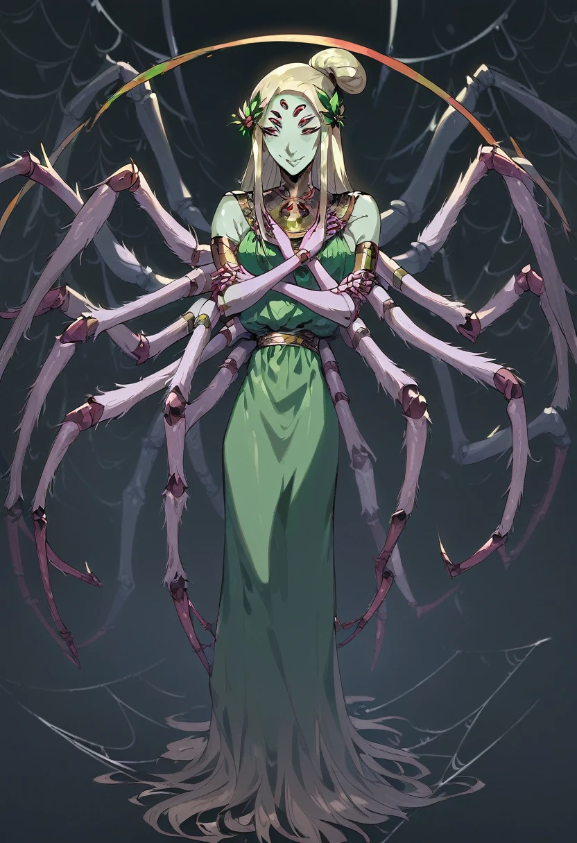 ((Masterpiece)), (((Top quality))), ((Ultra definition)), ((High quality face and limbs)), ((Arachne)), 1girl, sweet kind arachne girl, alone, young, soft little kid, 10 years old, pure youngster, semi human, egipan, monster musume, half spider body, spider legs, spider with big long legs and long arms to help it look scary, bright blonde long hair, green skin, green clothes, dress of spiderwebs, big green innocent eyes, smiling with delight, arachnid style, background filled with insects, main character, boss style, hades style, hadesstyle, hades2style, hades 2 style, Arachne, Arachnea, silk weaver, insects crawling, Tartarus background, background with beetle patterns, spider patterns, web patterns, centipede patterns