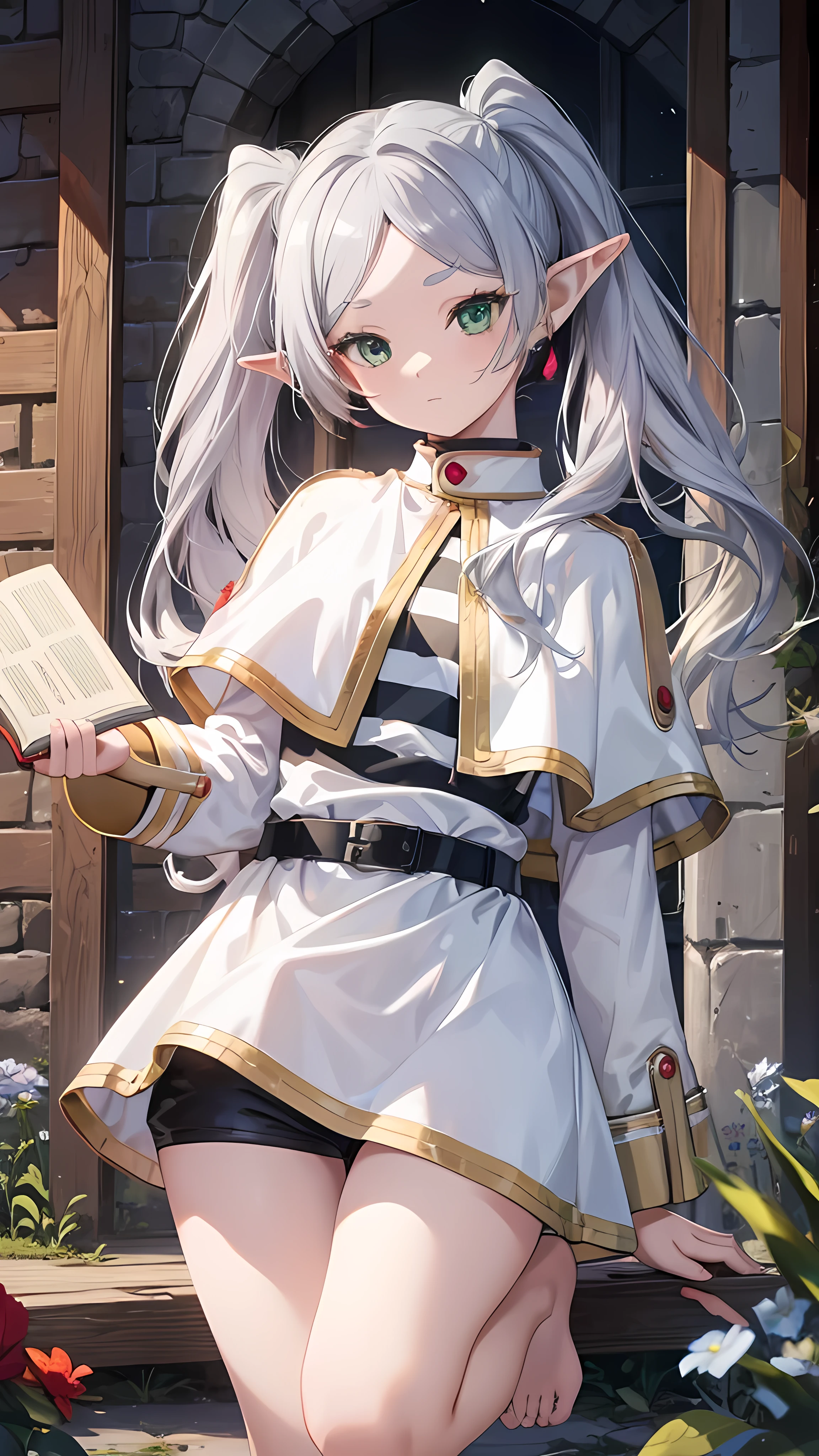 8k, high quality, High resolution, Realistic, Attention to detail, Highly detailed face, ((masterpiece)),
((Freeze Base)), beautiful girl, (Flat Body), Fairy, Pointy Ears, Gray Hair, (Long twin tails), Green Eyes, staff,
White Capelet, Striped shirt, White Skirt, Long sleeve, belt,  White Cape, magic, magic circle, (Shabby ruins), Medieval village, Attractive pose,Hold the spellbook and cast magic、Thighs、barefoot、pants