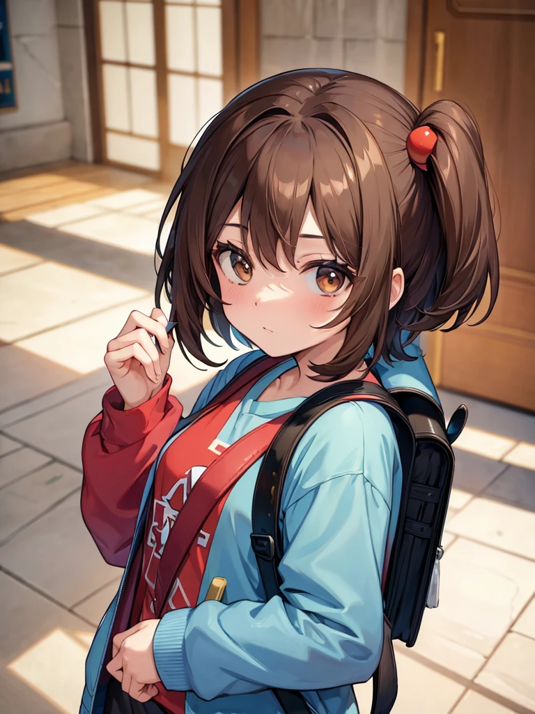 ((masterpiece,highest quality)), Absurd, Gloria \(Pokemon\), Brown Hair, alone, Backpack, Brown eyes, Tam O'Shanter, Grey cardigan, Pink Dress, short hair, green socks, socks, Brown bag, Bobcut, bangs, Long sleeve, Collared dress, alone, smile, View Viewer, Cowboy Shot, Structure of the film, Contrasting,