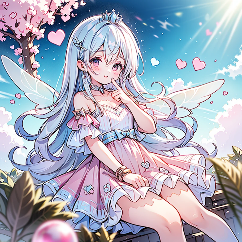 1girl、The best composition、(((Best Quality、最高masterpiece、Official Art、Dynamic composition、Ultra-detailed eyes、Fine hair)))、(Exquisite, beautiful, Very detailed, masterpiece, High resolution,high quality,High resolution),(Well-formed face,Soft and thin lines: 1.2, beautiful, Delicate and vivid illustrations with a mature and clear feel), Lots of beautiful and delicious looking chocolates,A chocolate-winged fairy is floating in the air holding a large silver fork with a Happy smile on his face,Chocolate motif ball gown dress, Race, Ruffles and ribbons, fluffy, Black and white tones on a dark brown base.,Chocolate Tiara,neckRace,Earrings,bRacelet,chocolate fairy wings,(Short eyebrows,Pale pink blush, Plump pink lips,beautiful目,Quite large and fluffy bust,Open chest,Fair skin, Good style,Knee-high with Race,),Happy,smile,Melted chocolate,Chocolate cake,truffle chocolate,chocolate bar,Pocky,chocolate cookies,Bright colors,Eye-catching colors,Dynamic Angle,Cute Dream,heart hands