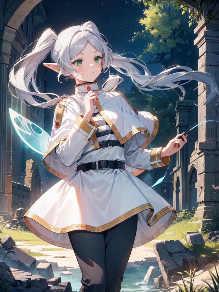 8k, high quality, High resolution, Realistic, Attention to detail, Highly detailed face, ((masterpiece)),
((Freeze Base)), beautiful girl, (Flat Body), Fairy, Pointed Ears, Gray Hair, (Long twin tails), Green Eyes, staff,
White Capelet, Striped shirt, White Skirt, Long sleeve, belt, White Cape, magic, magic circle, (Shabby ruins), Medieval village, Attractive pose,Hold the spellbook and cast magic、Thighs、barefoot、pants
