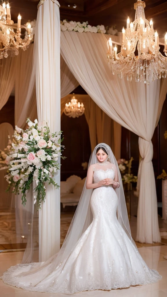 "A beautiful woman wearing a stunning, elegant wedding gown and a perfectly styled hijab. The dress is intricately detailed with lace and beading, flowing gracefully to the floor. Her hijab is adorned with delicate embellishments that complement her gown. She stands in a softly lit room with a warm, romantic ambiance, surrounded by flowers and elegant decor. Her expression is serene and radiant, capturing the joy and beauty of her special day. The background features a tasteful blend of classic and modern wedding elements, enhancing the overall elegance of the scene."