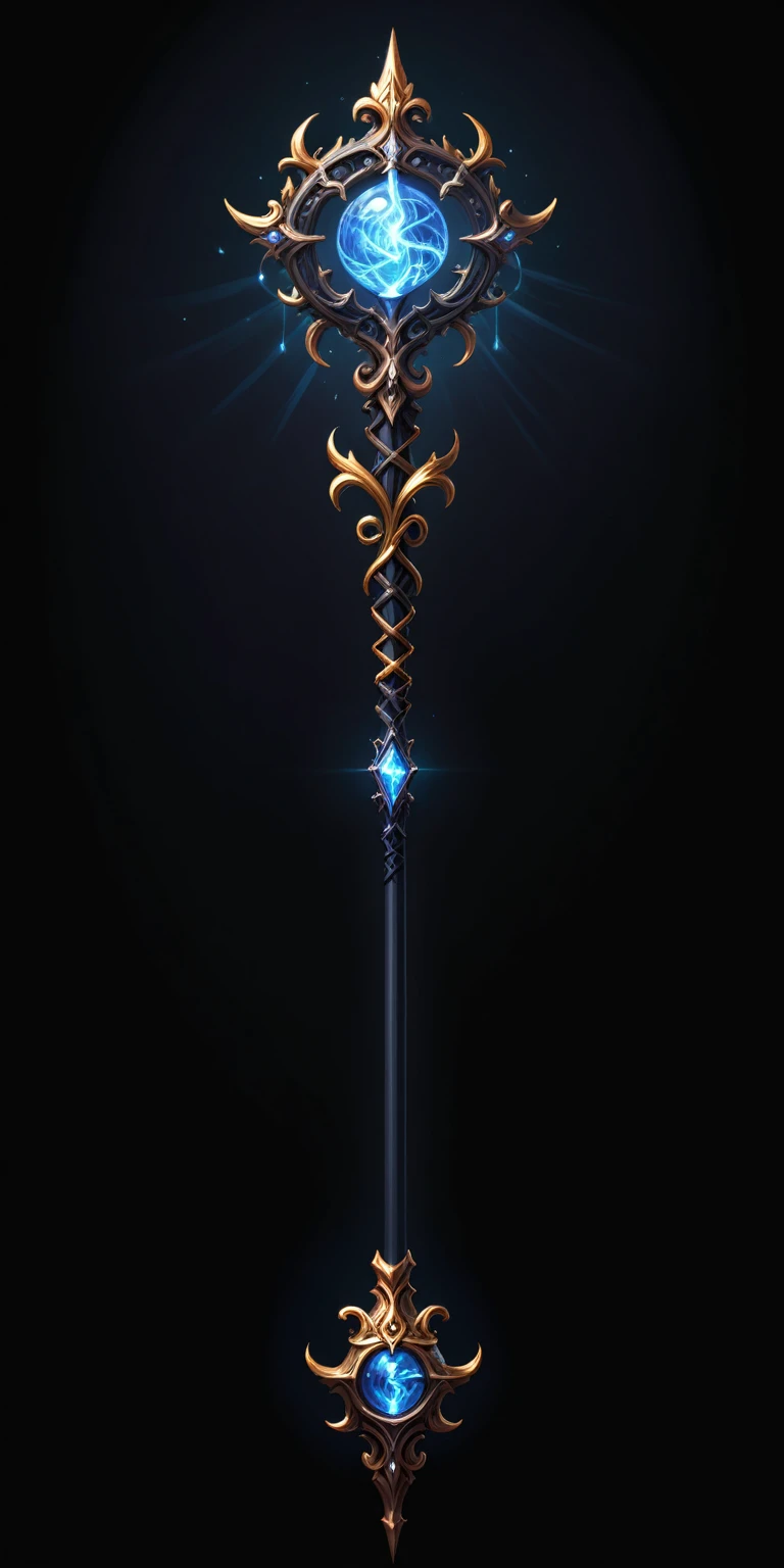 pixel art, cartoon illustration, Divine glavie greatstaff, Powerfull Magical theme, simple black background, RPG game icon