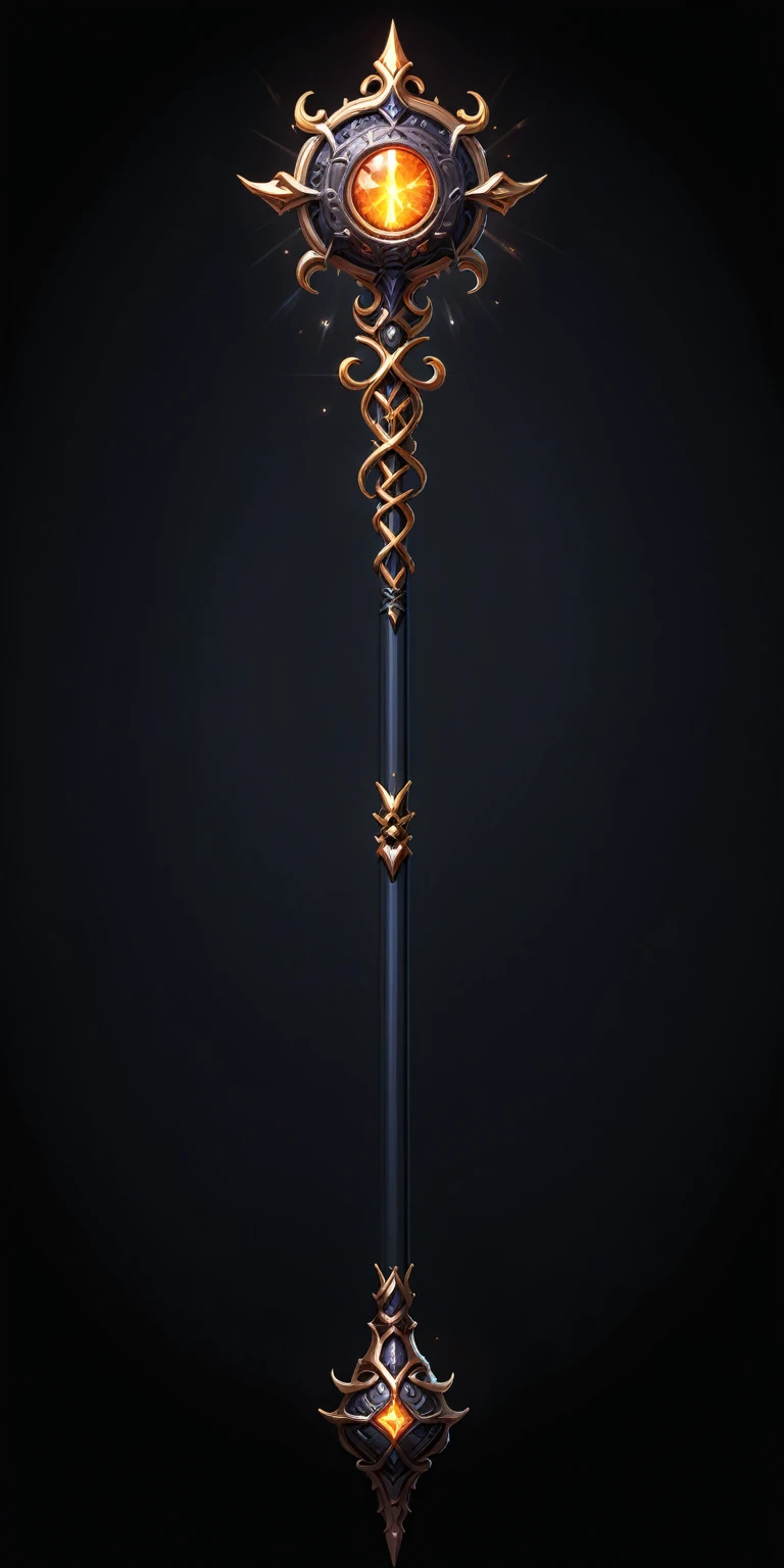 pixel art, cartoon illustration, Divine glavie greatstaff, Powerfull Magical theme, simple black background, RPG game icon