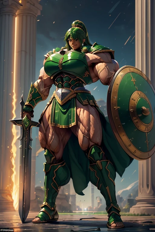 ((((Massive, tall, beautiful, buff, muscular brown skinned female spartan with green hair, ginormous bulky muscles, holding a sword and shield and wearing an all green gleaming spartan armor and pleated skirt)))), (close view), black eyeliner, massive muscles, massive biceps, hyper muscle triceps, (long curvy hair), orange eyes, spartan boots, In a startan city, steel spartan armor, armor breastplate, nighttime, confident smile, (hyper muscles arms), hyper muscle legs, (ginormous arms)