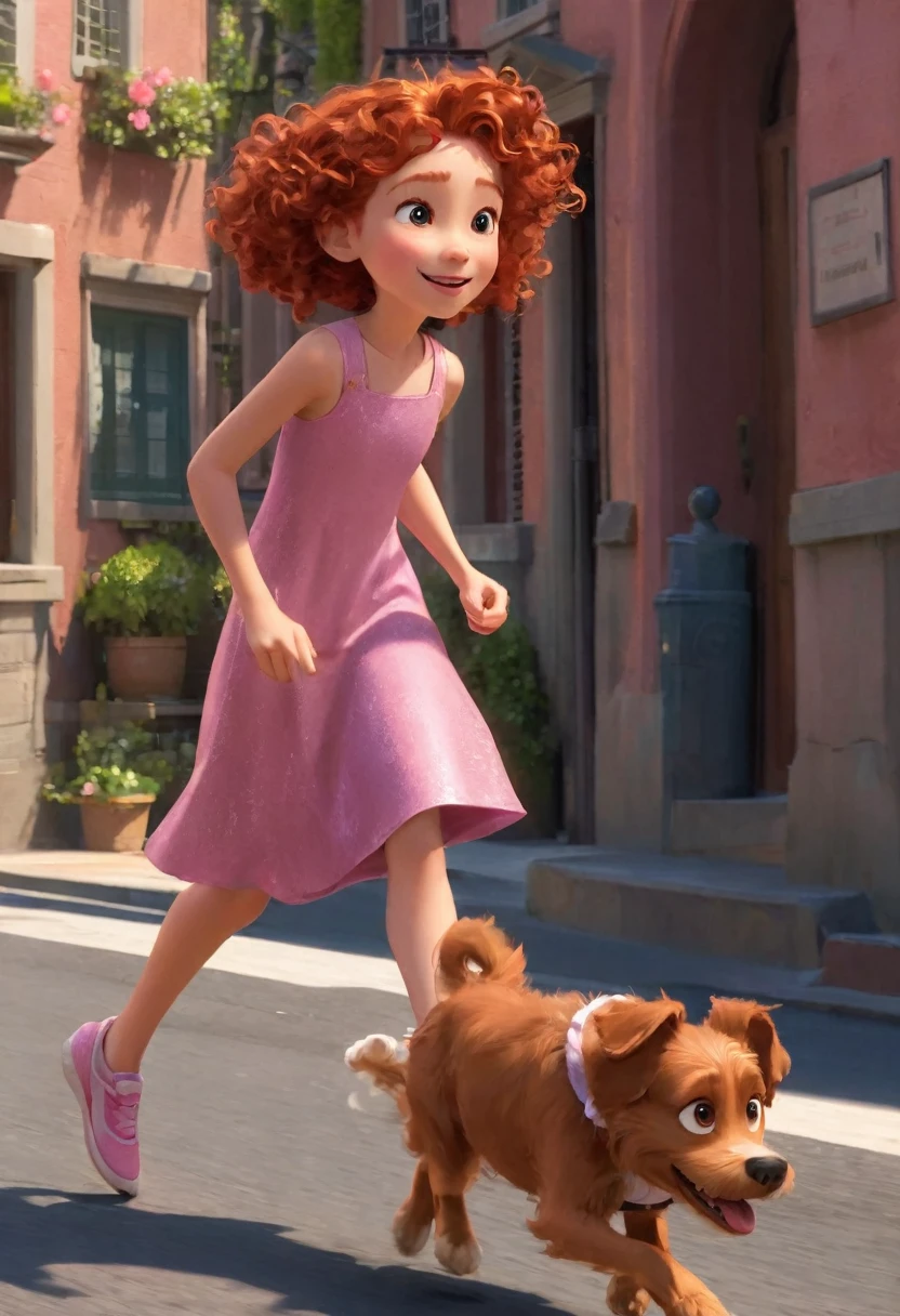 Layla Troft, girl with curly red hair, simple pink gown, running with your dog in the street, scene brought to life with the magic of Pixar animation