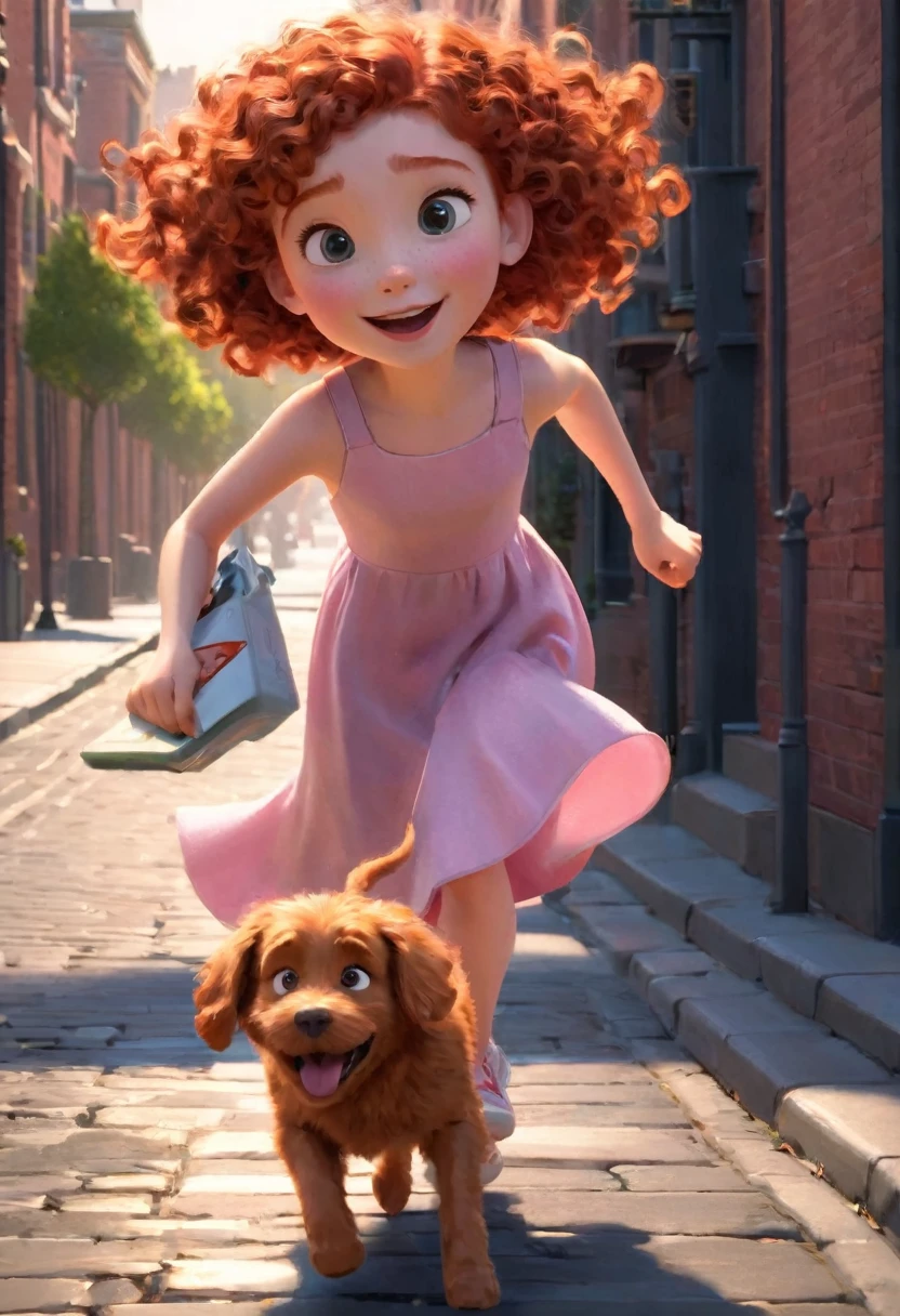 Layla Troft, 9 years old girl with curly red hair, simple pink gown, running with your dog in the street, scene brought to life with the magic of Pixar animation