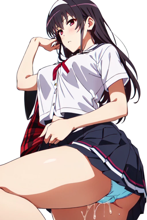 alone, One girl, View Viewer, 2D, anime, anime coloring, Upper Body, (Simple Background, White background:1.3), utaha kasumigaoka, (((Skirt flip, I can see your panties))),squat,From below,blush,Embarrassing, (( 指で膣を触ってMasturbationする)),Masturbation,orgasm,Love juice, 床にこぼれるLove juice, liquid splashing from girl, (( 指で膣を触ってMasturbationする)),Climax,Climax,Squirting,