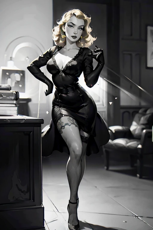 glamour pose, pinup, filmnoir1944, 1940s style,(monochrome).(rule of thirds),((hyper-realistic illustration:1.4)) Beautiful 21 yo woman, blonde, 1940s fashion, mascara, lipstick, lingerie, stockings, high heels. dark mood, single light source, wide angle shot, dark city, film grain. Masterpiece, best quality(highly detailed:1.2),(detailed face and eyes:1.2), depth of field, 8k wallpaper, natural lighting, core shadows, high contrast, bokeh.