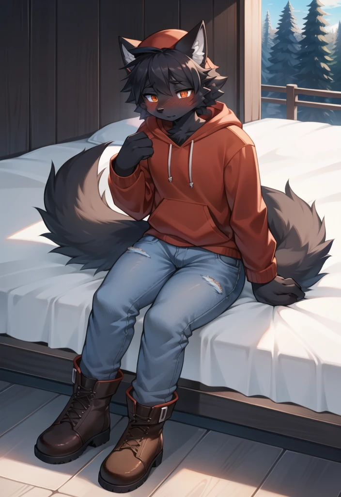 (Wolf, furry, anthropomorphic), male, feminine body, sitting on bed, bedroom background, outside, wearing jeans wearing red hoodie, Furry art, Fur on arms, big Floofy tail, fur on legs, (Black Fur covering whole body, Best quality, human like body figure), Noon, wearing white hat, wearing boots, face blush