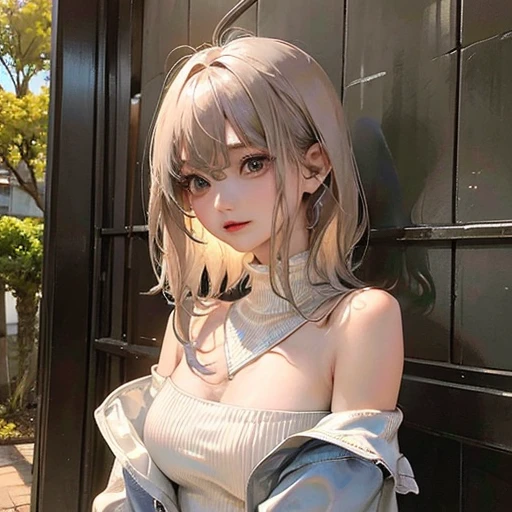 (highest resolution、clear_image)highest quality、woman、masterpiece、very detailed、semi-realistic、light cream hair、short hair、Long neckline、gray eyes、21 years old、shoulder length hair、mature、young、V-neck sweater、exquisite features、Cowboy Shot