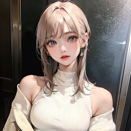 (highest resolution、clear_image)highest quality、woman、masterpiece、very detailed、semi-realistic、light cream hair、short hair、Long neckline、gray eyes、21 years old、shoulder length hair、mature、young、V-neck sweater、exquisite features、Cowboy Shot