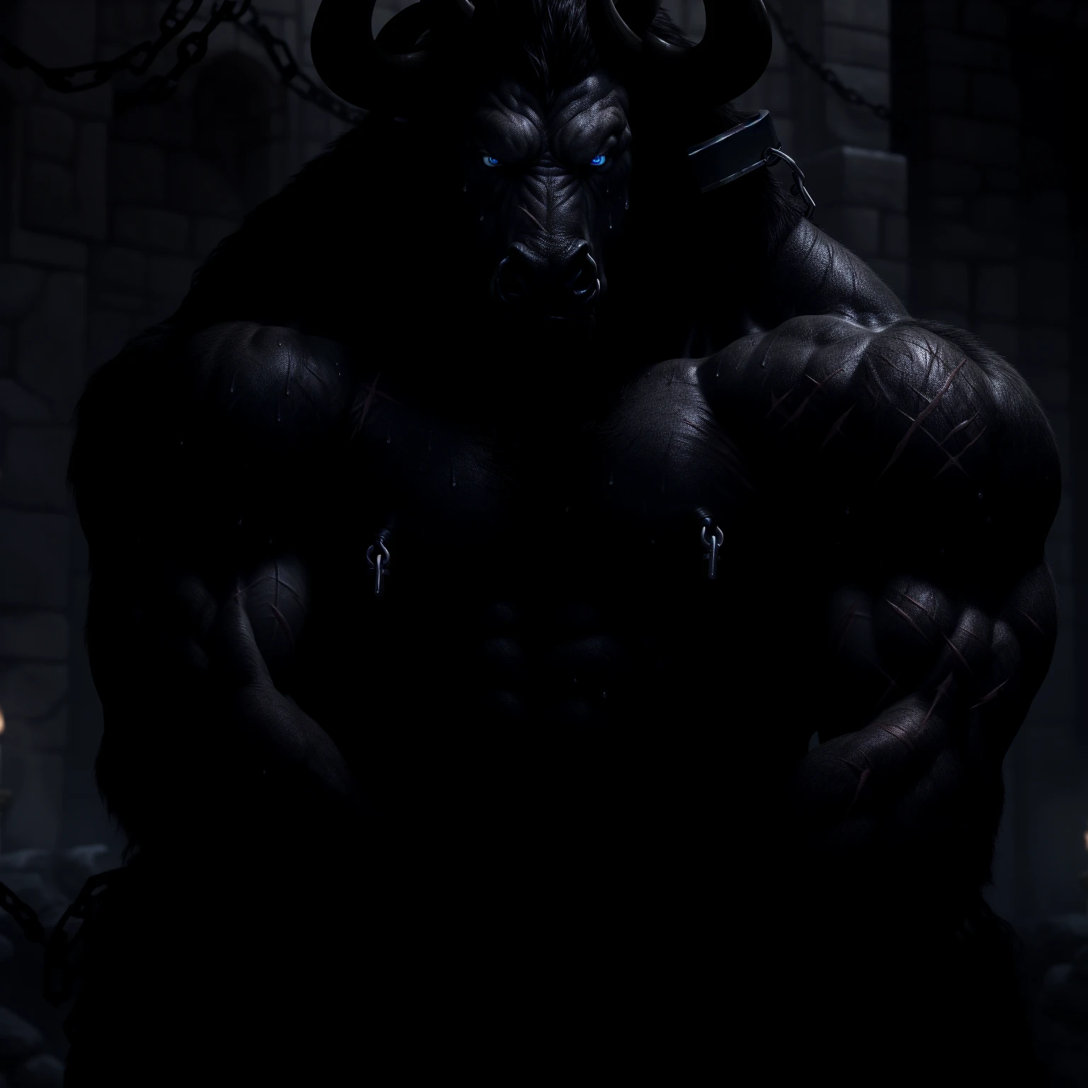 Sweating, muscular, Shirtless, dark castle, Anthropomorphic chest hair, serious face(scars in the face) Mature (blue eyes)Huge muscular torn abs wild wearing nipple rings and collars prisoners collar linked to chains lock ambitious black bull