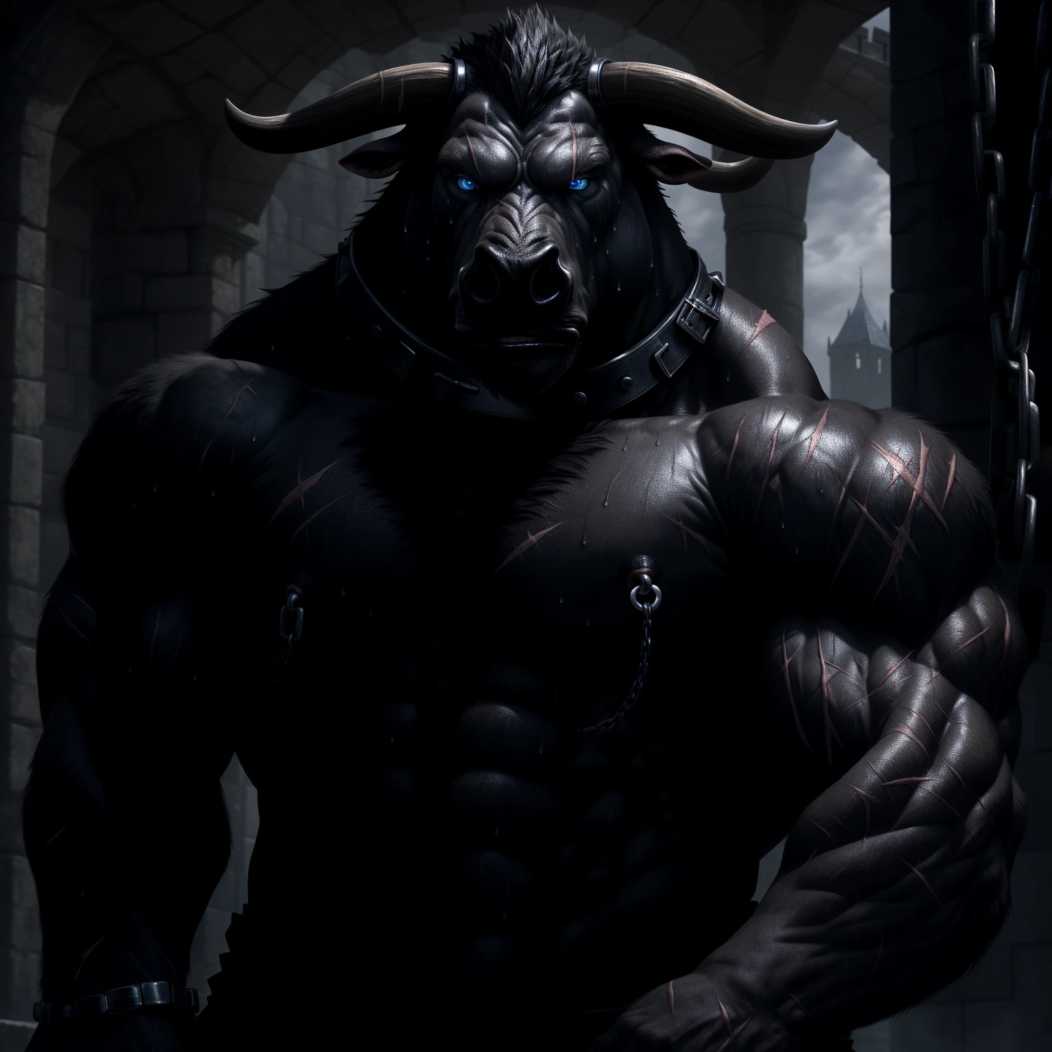 Sweating, muscular, Shirtless, dark castle, Anthropomorphic chest hair, serious face（scars in the face） Mature （blue eyes）Huge muscular torn abs wild wearing nipple rings and collars prisoners collar linked to chains lock ambitious black bull