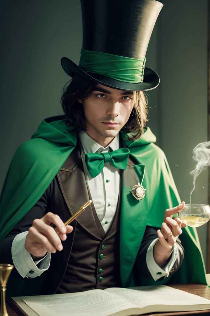 Wizard making magic potions wearing top hat and green cape