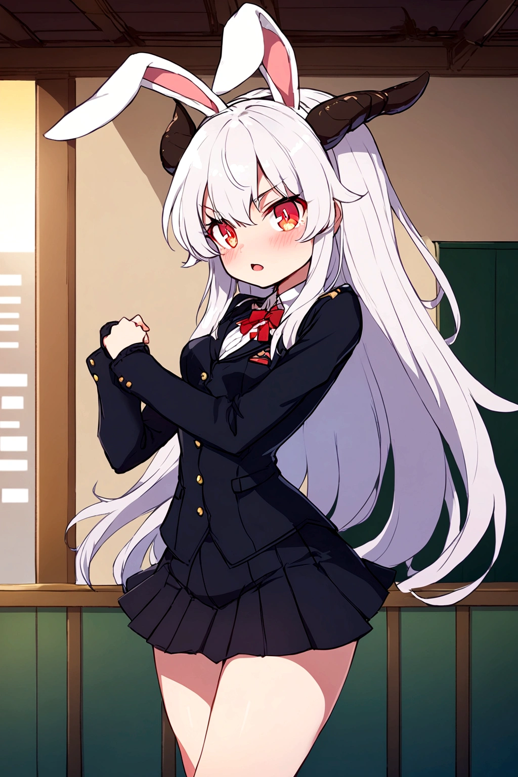 girl, 1solo, white long hair, bunny ears, black goat horns, red eyes, using uniform