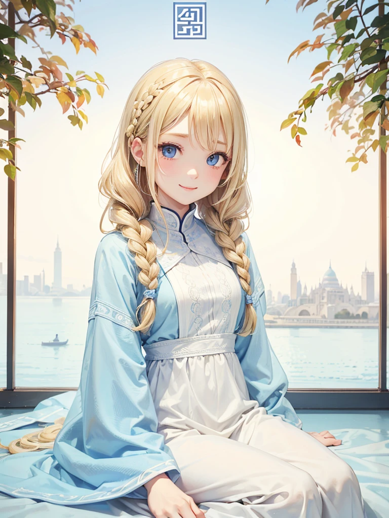 Blonde Hair、blue eyes、girl、Lady、Braiding、I have long hair。、girl、White dress、smile、Vertical Roll、Drill Hair、Wavy Hair、Sitting、palace、reservoir