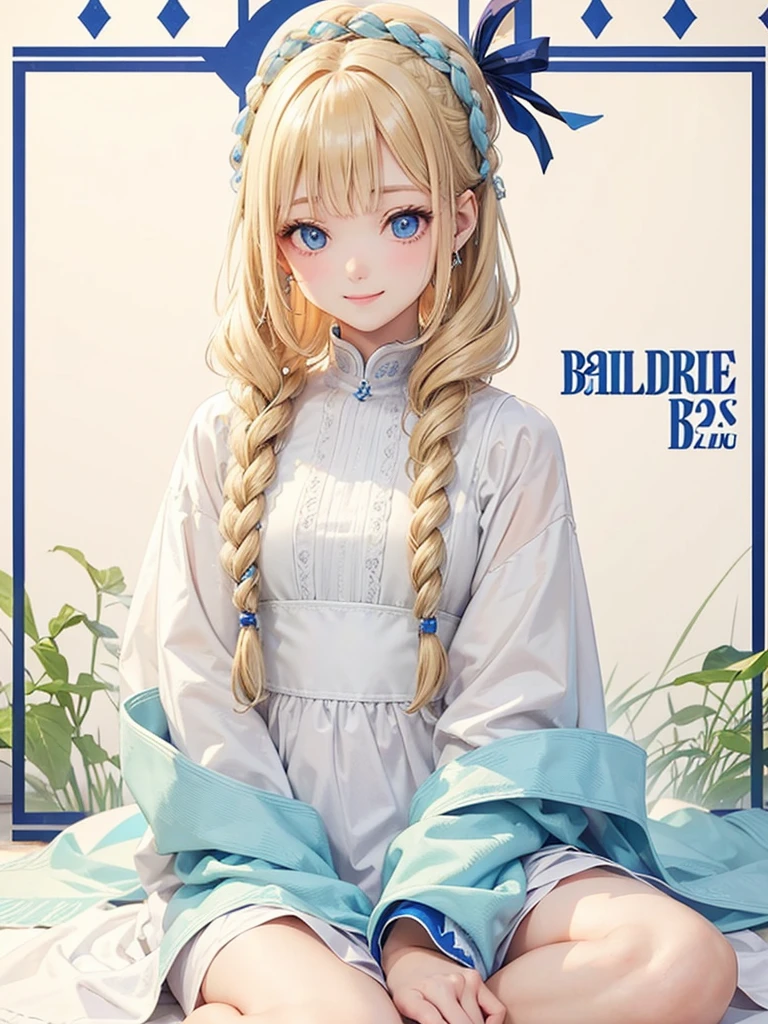 Blonde Hair、blue eyes、girl、Lady、Braiding、I have long hair。、girl、White dress、smile、Vertical Roll、Drill Hair、Wavy Hair、Sitting、palace、reservoir