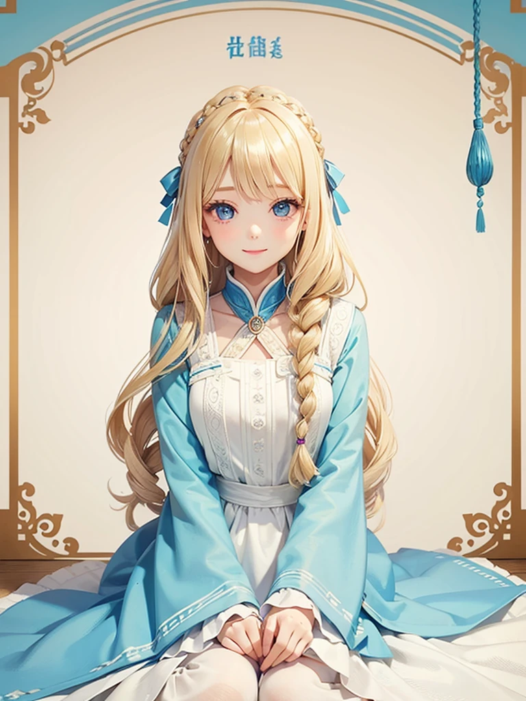 Blonde Hair、blue eyes、girl、Lady、Braiding、I have long hair。、girl、White dress、smile、Vertical Roll、Drill Hair、Wavy Hair、Sitting、palace、reservoir