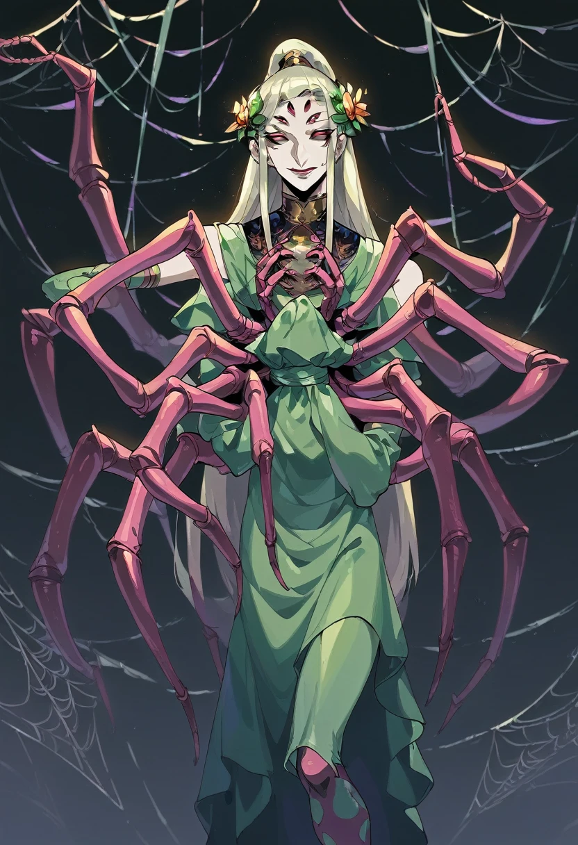 ((Masterpiece)), (((Top quality))), ((Ultra definition)), ((High quality face and limbs)), ((Arachne)), 1girl, sweet kind arachne girl, alone, young, soft , 10 years ongster, semi human, egipan, monster musume, half spider body, spider legs, spider with big long legs and long arms to help it look scary, bright blonde long hair, green skin, green clothes, dress of spiderwebs, big green innocent eyes, smiling with delight, arachnid style, background filled with insects, main character, boss style, hades style, hadesstyle, hades2style, hades 2 style, Arachne, Arachnea, silk weaver, insects crawling, Tartarus background, background with beetle patterns, spider patterns, web patterns, centipede patterns