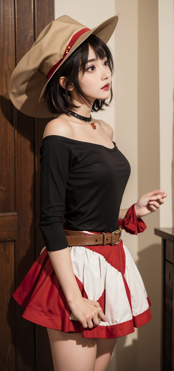 (masterpiece, best quality), 1girl, megumin, short hair, dress, red dress, hat, witch hat, belt