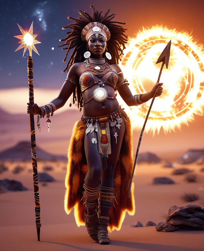 Full body shot of African shaman woman dressed in african designed dress made from hides and fur, holding a glowing stick, the solar planet star signs in the background, 32k, ultra HD, unreal engine rendered, hyper-realistic image, planet star signs shining with cinematic light providing a magical and fantasy scenery.