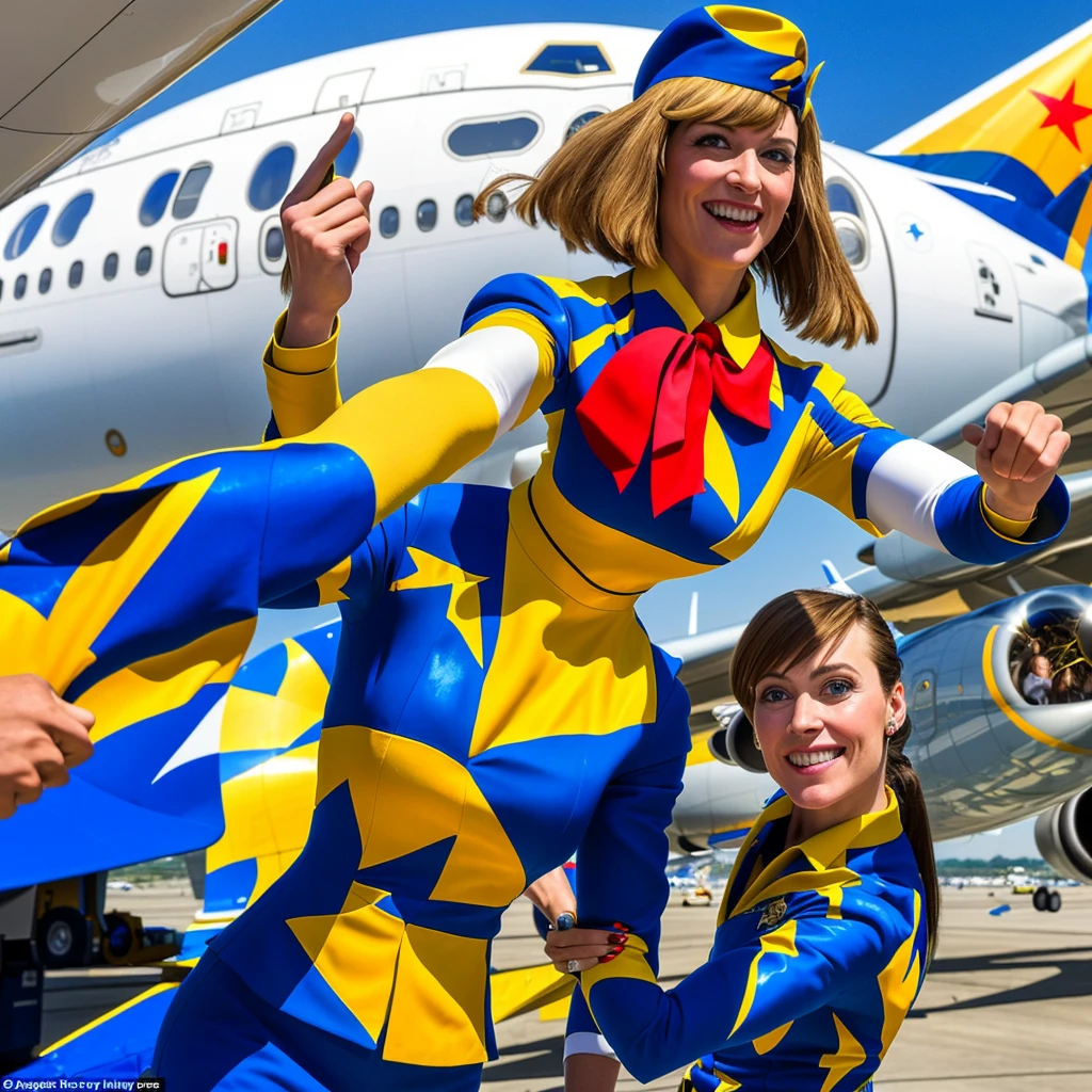 (masterpiece:1.2, best quality), 1lady, solo, Flight attendant, tight Uniform, perfect hands, Airplane, Serving passengers, Providing safety instructions, Responding to emergencies, bangs, (shiny skin:1.15),