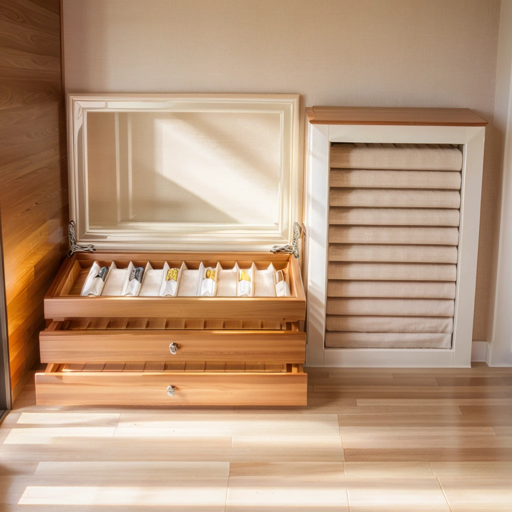 Comfort Room,White curtains,Soft sunshine,Linen floor coverings，Textured，Light filter，Watch Storage Box,Wood grain gloss,Peaceful and tranquil,Wall Still Life,Elegant decoration,Half-open windows,light breeze,Turn the pages,Peaceful atmosphere,Warm and comfortable living atmosphere。
