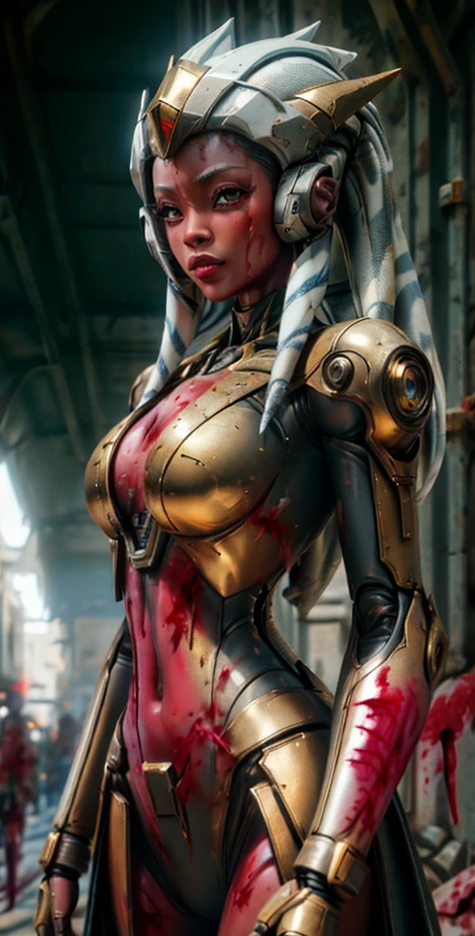 1 girl, solo, (look at viewer), ((Best quality)), ((masterpiece)), (detailed:1.4), ((upper body)), 3D, an image of a beautiful cyberpunk female,HDR (High Dynamic Range), Ray Tracing,NVIDIA RTX,Super-Resolution,Unreal 5,Subsurface scattering,PBR Texturing,Post-processing,Anisotropic Filtering,Depth-of-field,Maximum clarity and sharpness,Multi-layered textures,Albedo and Specular maps,Surface shading,Accurate simulation of light-material interaction,Perfect proportions,Octane Render,Two-tone lighting,Wide aperture,Low ISO,White balance,Rule of thirds,8K RAW, (((blood eyes))), , mechanical parts ahsoka, (dark skin:1.2), blood eyes, , medium breasts, bloodgold/black bodysuit, belt, (( bloodgold amor)) joints, body suit
