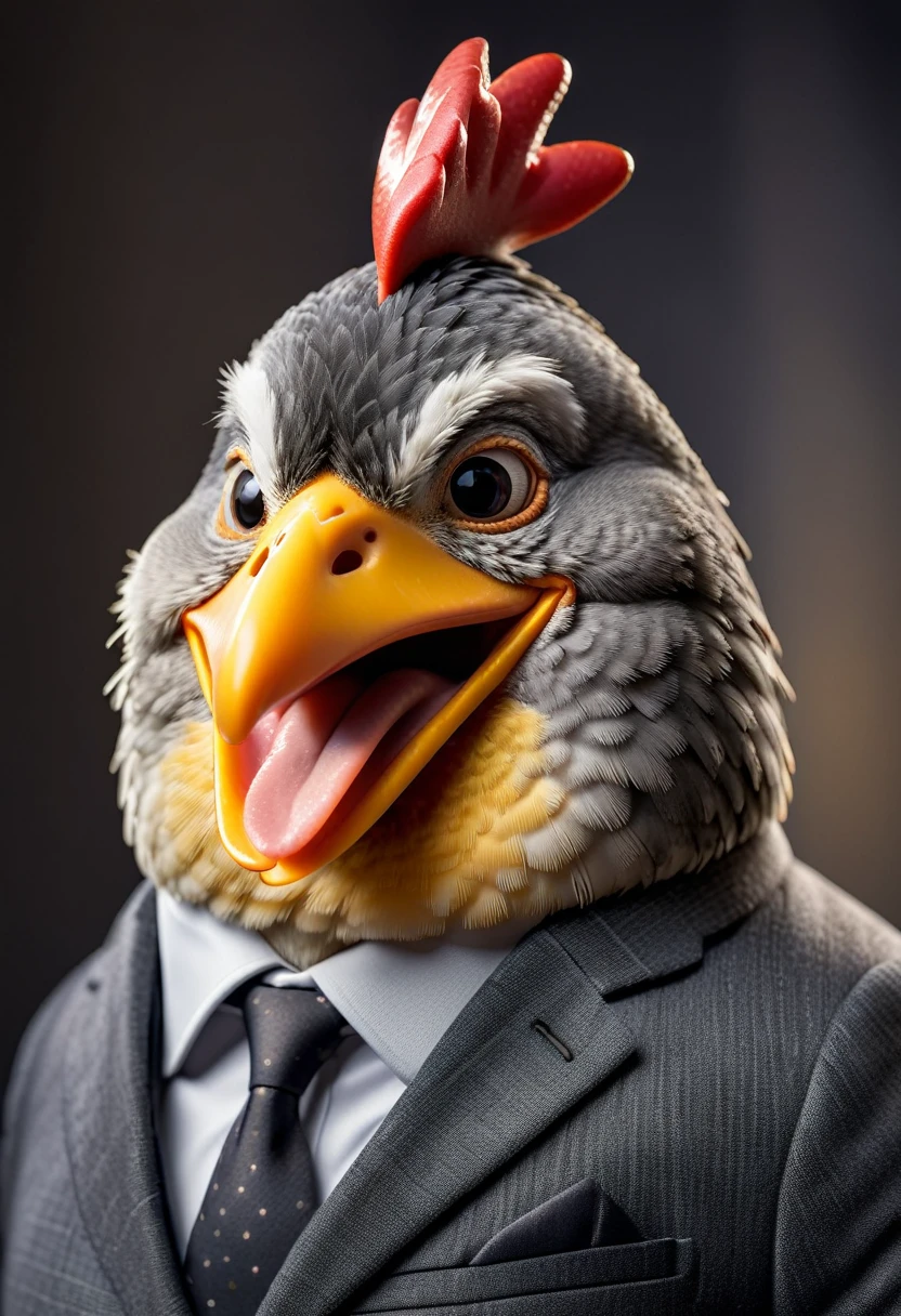 face close up photo of anthropomorphic fat chicken ,(beak), dressed in a dark gray suit, (sticking out tongue:1.5),(happy smile:1.5),(playful:1.2), soft lighting, Cinematic, hdr, primitive, Intricate, High quality, smoothing tones, Intricate details, Low contrast,(viewed from side:2.0), (looking to the side:1.5), simple background