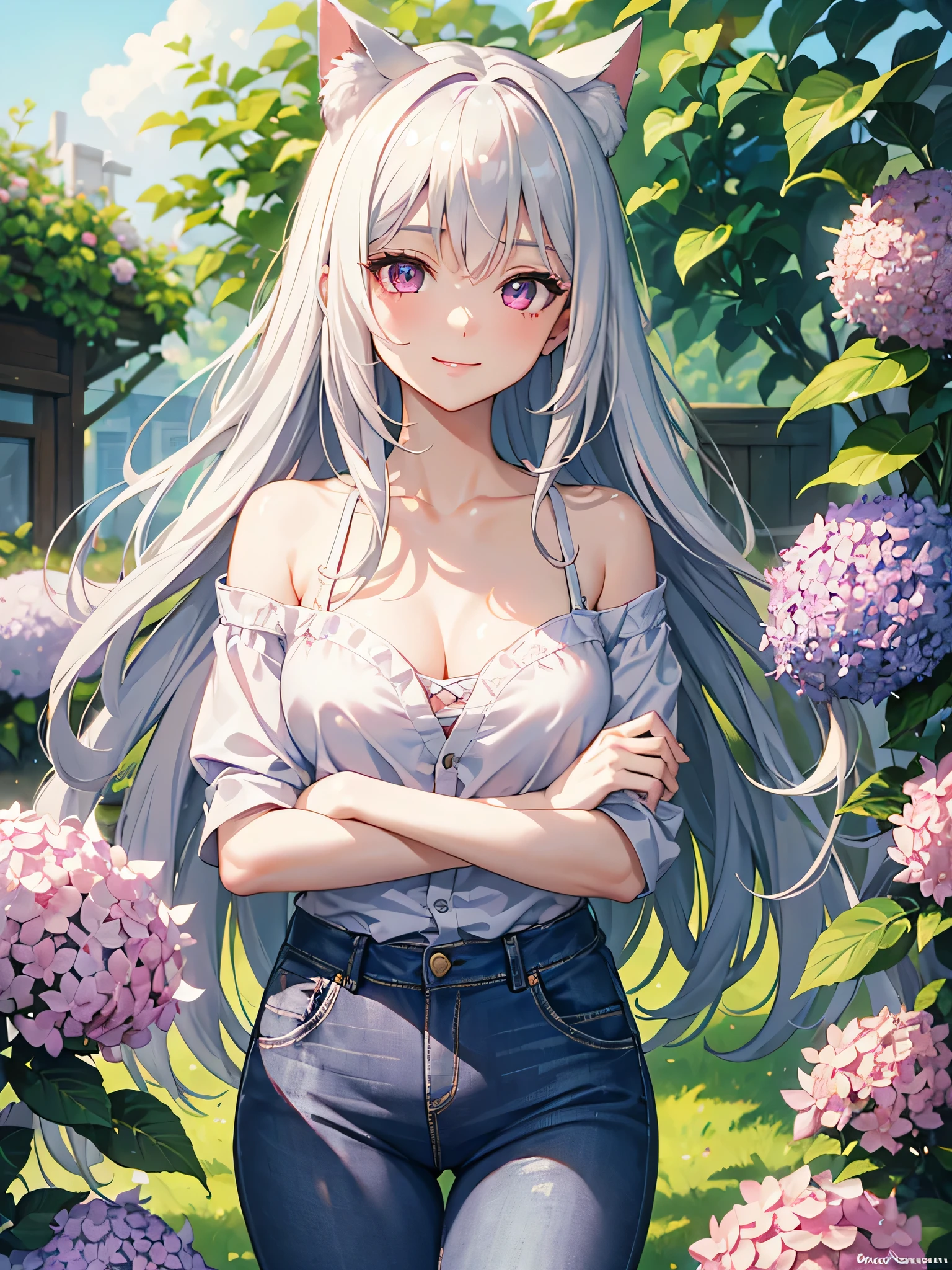 masterpiece,highest quality,8k quality ,Highly detailed face,fine grain,Waterfront,Highlighted eyes, medium breasts ,pretty girl,smile,Cat ear,Beautiful silver hair,Pink inside,Beautiful pink eyes,Oversized shirt、Hydrangea, distressed jeans, shiny skin, beautiful shadow

