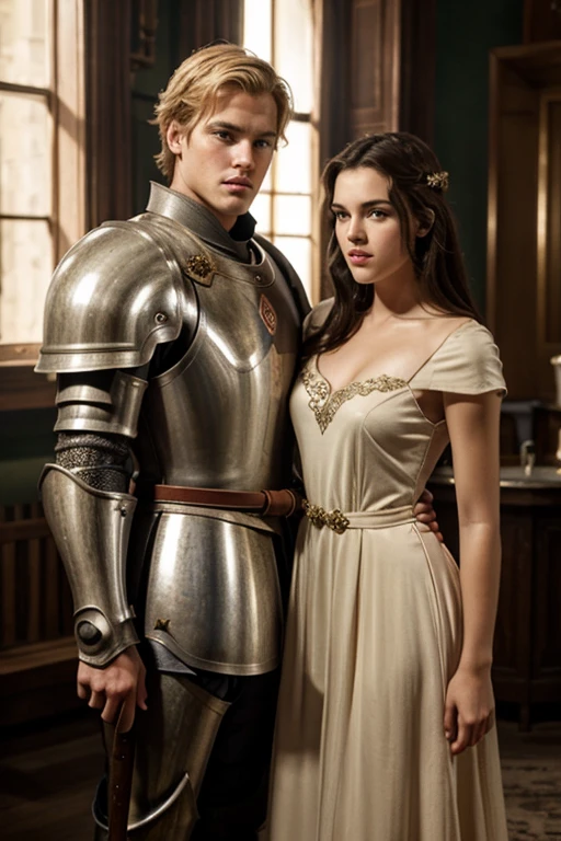 Emil Anderson as a blonde handsome young broad tall knight, holding a brunette Jessica Brown-Findlay