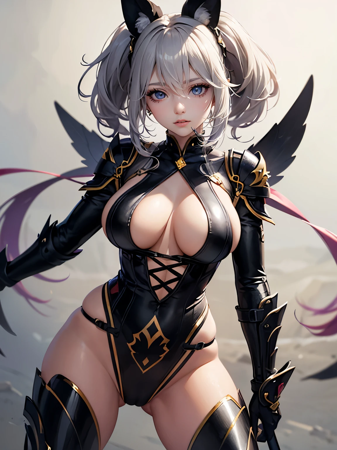 Woman in dynamic pose, (1 adult female, Solo:1.1), Draw only one woman, style of masamune shirow, Beautiful eyes, Draw detailed eyes, Detailed depiction of hair, large boob, big butts, hiquality, hight resolution, ultra-detailliert, high-level image quality, hightquality, in 8K, The skin is shiny, Center, Precise human body structure, Scientific background, and draw the full body, Black costume, Vibrant colors, Enamel Art, battle girl, Sexy costume, battle posture, combat pose