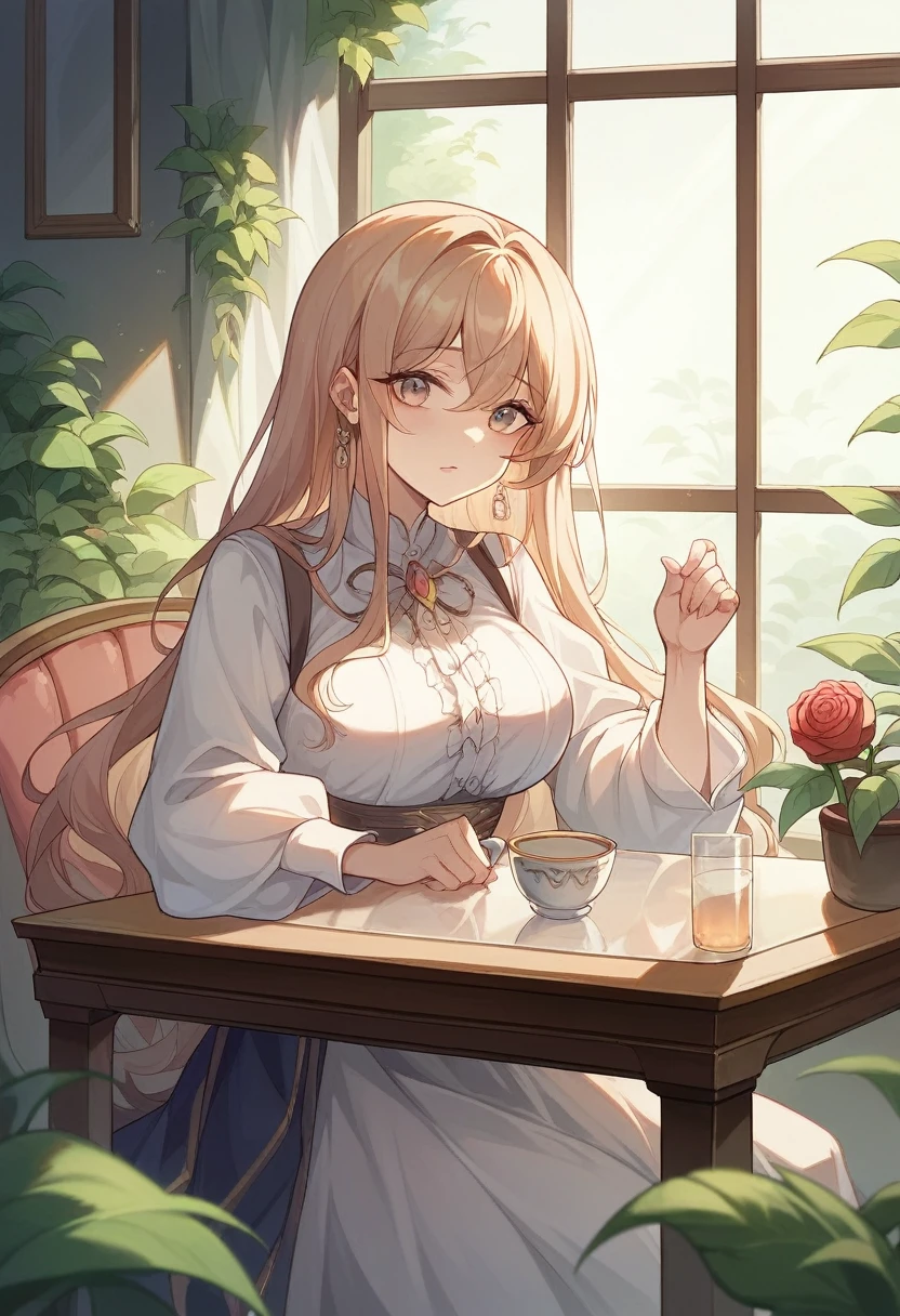 Sumptuous afternoon tea、Antique table、English Garden、A terrace full of roses、Transparent glass、The sunlight is beautiful through the trees、Afternoon light shines in、Lots of flowers々、Secret Garden、A world in dreams、