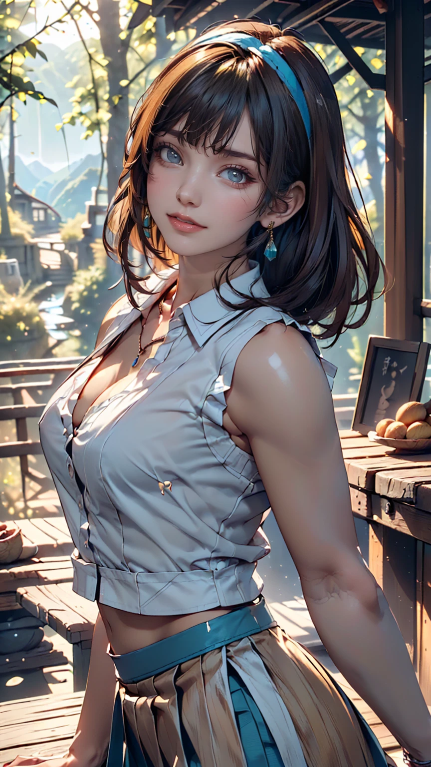((((highest quality))))、(((Ultra-precision CG16K wallpaper)))、(((masterpiece)))、(((Very detailed)))、(((Extremely detailed)))、((129 year old mature woman:1.6))、((とてもbeautiful日本人の顔))、((Yua Mikami:1.5))、((Straight medium hair、Blunt bangs:1.5))、(Shiny brown hair)、beautiful delicate brown eyes、eyeliner、eye shadow、High nose、Small nostrils、Small Mouth、Seductive lips、beautiful breasts、((C cup size breasts))、Cleavage、Voluptuous body、eight-headed body、Perfect balance、Perfect Anatomy、Perfect composition、beautiful detailed shading、beautiful, Natural light、beautiful detail glow、Written boundary depth、(((High chroma)))、(((Genuine:1.9)))、((Vivid:1.5))、((beautiful Skin))、((Skin Texture))、((Genuineな皮膚感))、(((Full Shot:1.6)))、((Front view、Shoot from the front、Front Low Angle:1.6))、(((smile:1.7)))、((Women are watching this、View Viewer、Look forward:1.6))、Bright sunlight、Natural light、(((Mountain、Forest road、wood:1.5)))、(Walking pose:1.6)、(((White sleeveless collared cropped shirt、Light blue pleated mini skirt:1.6)))、((hair band、Earrings、Wearing a necklace:1.4))、
