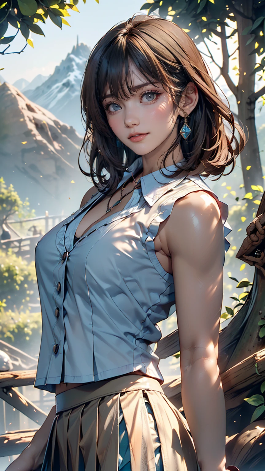 ((((highest quality))))、(((Ultra-precision CG16K wallpaper)))、(((masterpiece)))、(((Very detailed)))、(((Extremely detailed)))、((129 year old mature woman:1.6))、((とてもbeautiful日本人の顔))、((Yua Mikami:1.5))、((Straight medium hair、Blunt bangs:1.5))、(Shiny brown hair)、beautiful delicate brown eyes、eyeliner、eye shadow、High nose、Small nostrils、Small Mouth、Seductive lips、beautiful breasts、((C cup size breasts))、Cleavage、Voluptuous body、eight-headed body、Perfect balance、Perfect Anatomy、Perfect composition、beautiful detailed shading、beautiful, Natural light、beautiful detail glow、Written boundary depth、(((High chroma)))、(((Genuine:1.9)))、((Vivid:1.5))、((beautiful Skin))、((Skin Texture))、((Genuineな皮膚感))、(((Full Shot:1.6)))、((Front view、Shoot from the front、Front Low Angle:1.6))、(((smile:1.7)))、((Women are watching this、View Viewer、Look forward:1.6))、Bright sunlight、Natural light、(((Mountain、Forest road、wood:1.5)))、(Walking pose:1.6)、(((White sleeveless collared cropped shirt、Light blue pleated mini skirt:1.6)))、((hair band、Earrings、Wearing a necklace:1.4))、