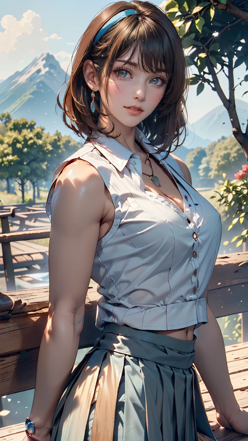((((highest quality))))、(((Ultra-precision CG16K wallpaper)))、(((masterpiece)))、(((Very detailed)))、(((Extremely detailed)))、((129 year old mature woman:1.6))、((とてもbeautiful日本人の顔))、((Yua Mikami:1.5))、((Straight medium hair、Blunt bangs:1.5))、(Shiny brown hair)、beautiful delicate brown eyes、eyeliner、eye shadow、High nose、Small nostrils、Small Mouth、Seductive lips、beautiful breasts、((C cup size breasts))、Cleavage、Voluptuous body、eight-headed body、Perfect balance、Perfect Anatomy、Perfect composition、beautiful detailed shading、beautiful, Natural light、beautiful detail glow、Written boundary depth、(((High chroma)))、(((Genuine:1.9)))、((Vivid:1.5))、((beautiful Skin))、((Skin Texture))、((Genuineな皮膚感))、(((Full Shot:1.6)))、((Front view、Shoot from the front、Front Low Angle:1.6))、(((smile:1.7)))、((Women are watching this、View Viewer、Look forward:1.6))、Bright sunlight、Natural light、(((Mountain、Forest road、wood:1.5)))、(Walking pose:1.6)、(((White sleeveless collared cropped shirt、Light blue pleated mini skirt:1.6)))、((hair band、Earrings、Wearing a necklace:1.4))、