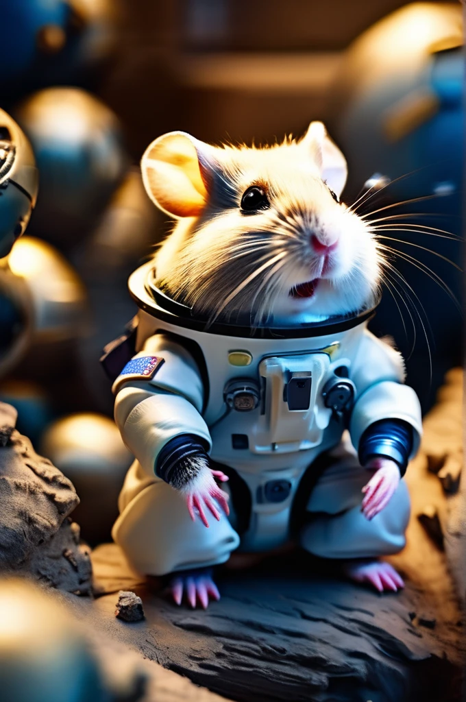 RAW Photos, delicate, highest quality,Hyper Detail, In detail, 8k, 32k, masterpiece,(Ultra-high resolution:1.2),Grey Djungarian hamster in a space suit、The breath is depicted in white.、It's snowing、Take a helmet、The mission to the moon is ready, In the snowy forest、Cloudy Trees々and crunchy, cold,Hide in burrows and tree holes,Rim Light