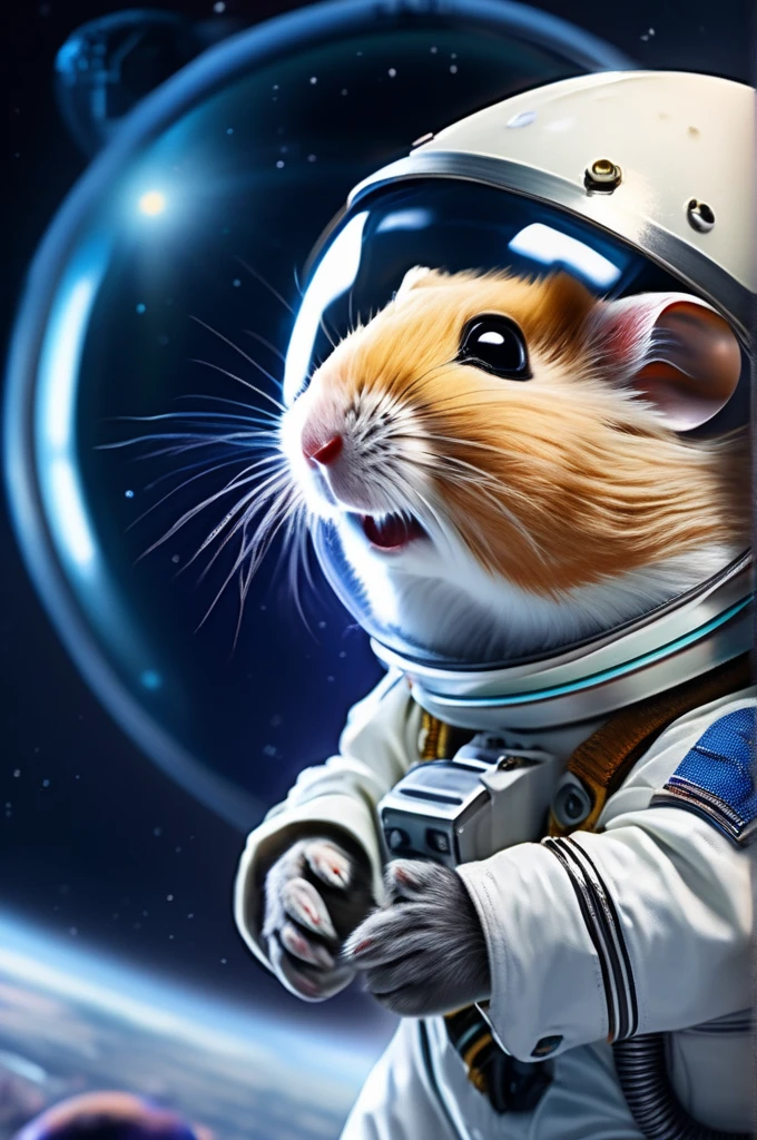 RAW Photos, delicate, highest quality,Hyper Detail, In detail,  8k, 32k, masterpiece,(Ultra-high resolution:1.2),Grey Djungarian hamster in a space suit、The breath is depicted in white.、It's snowing、Take a helmet、The mission to the moon is ready, In the snowy forest、Cloudy Trees々and crunchy, cold,Hide in burrows and tree holes,Rim Light