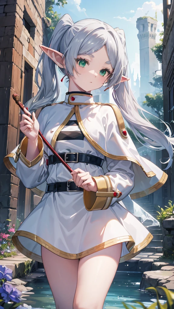 8k, high quality, High resolution, Realistic, Attention to detail, Highly detailed face, ((masterpiece)),
((Freeze Base)), beautiful girl, (Flat Body), Fairy, Pointed Ears, Gray Hair, (Long twin tails), Green Eyes, staff,
White Capelet, Striped shirt, White Skirt, Long sleeve, belt,  White Cape, magic, magic circle, (Shabby ruins), Medieval village, Attractive pose,Hold the spellbook and cast magic、Thighs、barefoot、pants、underwear、Half naked