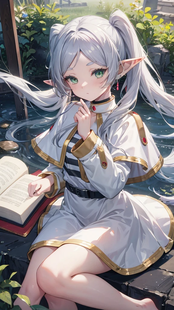 8k, high quality, High resolution, Realistic, Attention to detail, Highly detailed face, ((masterpiece)),
((Freeze Base)), beautiful girl, (Flat Body), Fairy, Pointed Ears, Gray Hair, (Long twin tails), Green Eyes, staff,
White Capelet, Striped shirt, White Skirt, Long sleeve, belt,  White Cape, magic, magic circle, (Shabby ruins), Medieval village, Attractive pose,Hold the spellbook and cast magic、Thighs、barefoot、pants、underwear、Half naked