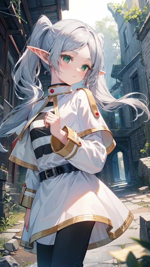 8k, high quality, High resolution, Realistic, Attention to detail, Highly detailed face, ((masterpiece)),
((Freeze Base)), beautiful girl, (Flat Body), Fairy, Pointed Ears, Gray Hair, (Long twin tails), Green Eyes, staff,
White Capelet, Striped shirt, White Skirt, Long sleeve, belt, White Cape, magic, magic circle, (Shabby ruins), Medieval village, Attractive pose,Hold the spellbook and cast magic、Thighs、barefoot、pants、underwear、Half naked