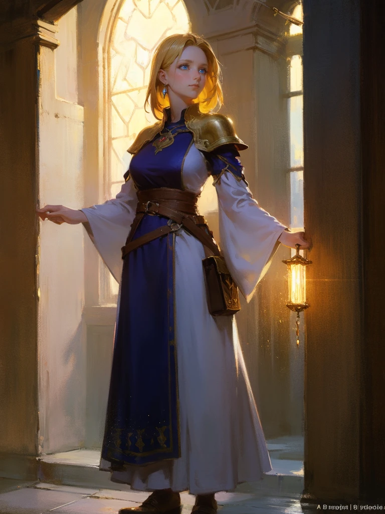 masterpiece, best quality, rpg character art, epic fantasy art style, 1 woman, Emily, 18 year old woman, mature and confident demeanor, full body fantasy concept art, blond hair comes down to her mid-back, crystal blue eyes, high detail, fantasy medieval style clothes (light, simple and plain clothes), attire is modest but feminine, intricate details, ultra high resolution, sharp focus, HD, 8k, clear facial features, clear details, background is a medieval fantasy village