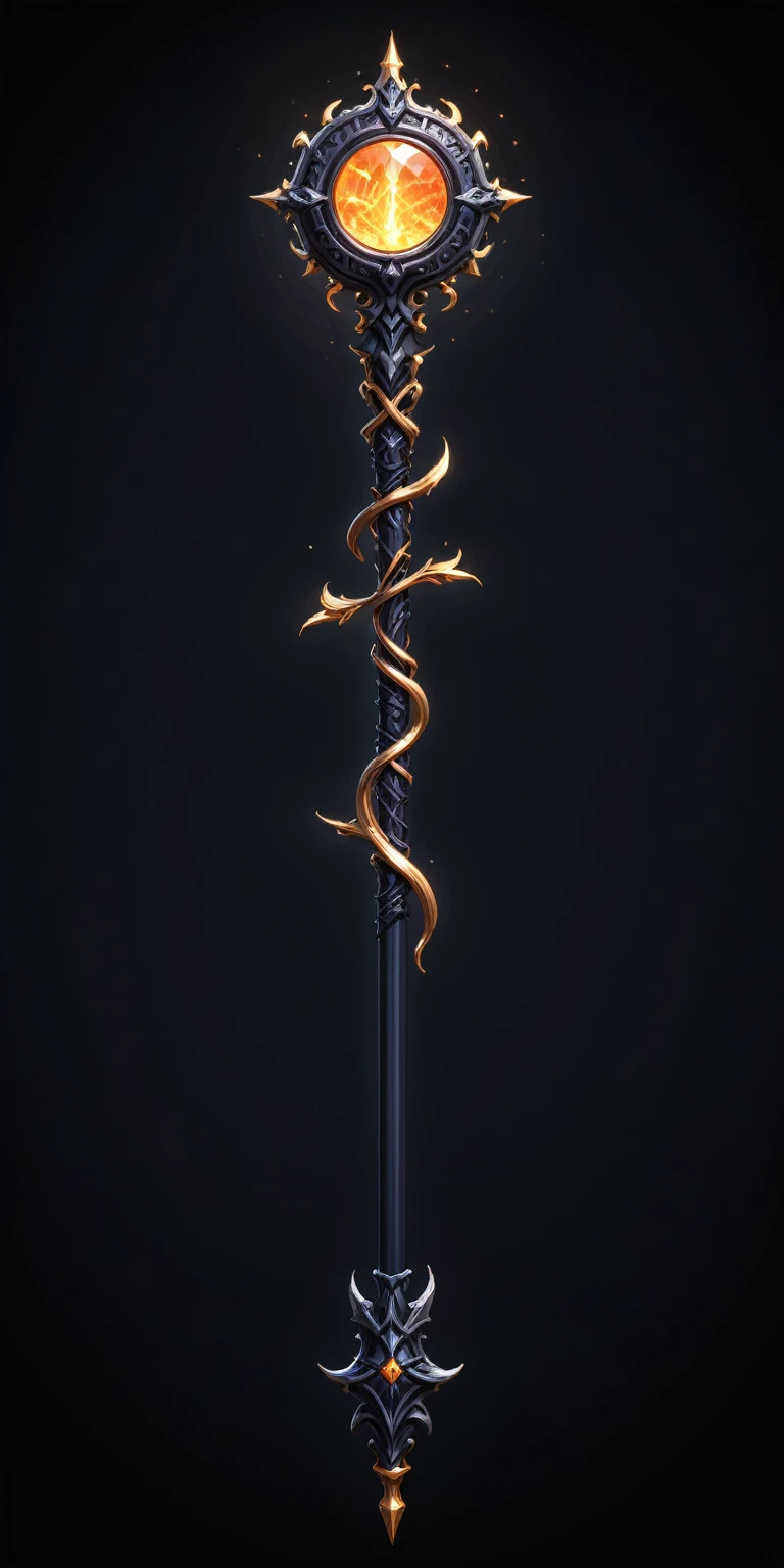 pixel art, cartoon illustration, Divine glavie greatstaff, Powerfull Magical theme, simple black background, RPG game icon