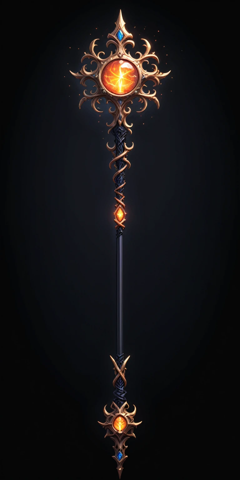 pixel art, cartoon illustration, Divine glavie greatstaff, Powerfull Magical theme, simple black background, RPG game icon 