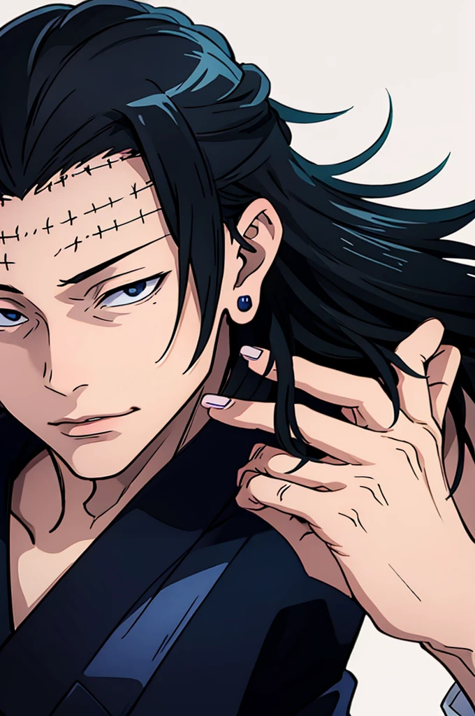 Suguru Geto with stitches on his forehead, White background, reading
