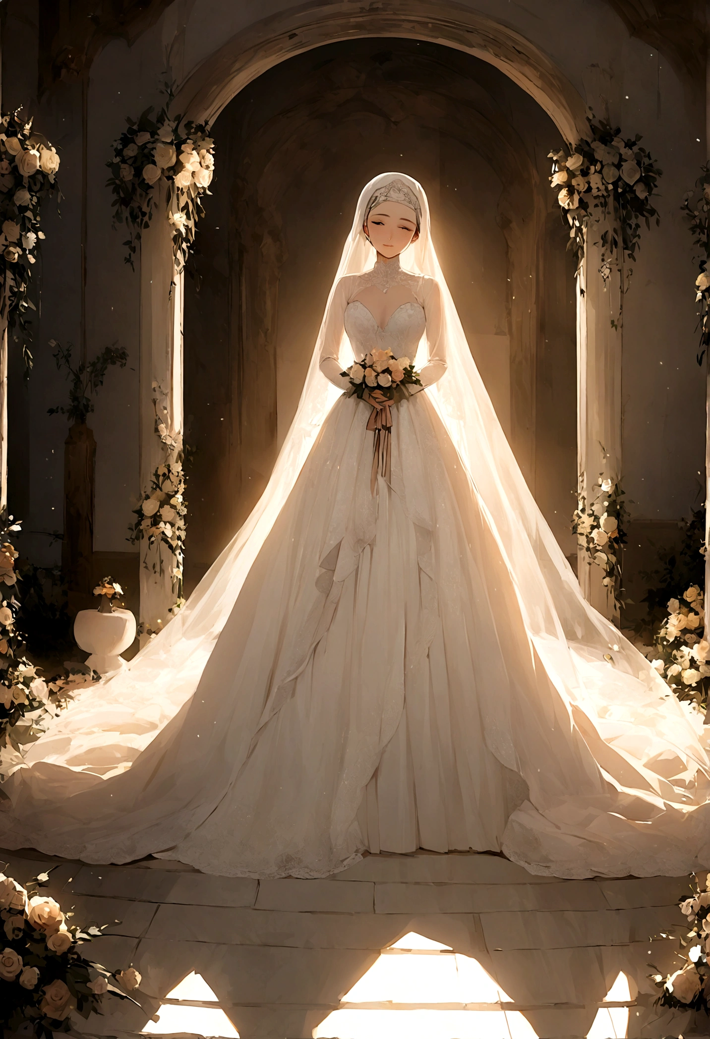 "A beautiful woman wearing a stunning, elegant wedding gown and a perfectly styled hijab. The dress is intricately detailed with lace and beading, flowing gracefully to the floor. Her hijab is adorned with delicate embellishments that complement her gown. She stands in a softly lit room with a warm, romantic ambiance, surrounded by flowers and elegant decor. Her expression is serene and radiant, capturing the joy and beauty of her special day. The background features a tasteful blend of classic and modern wedding elements, enhancing the overall elegance of the scene.