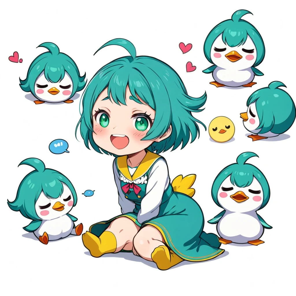 A lovely , screenshot, mori kei, duckcore plush doll art, exaggerated poses, happy, cute, expecting, laughing,
disappointed, exaggerated movements, various expressions and movements, sticker art design, white background, style cute